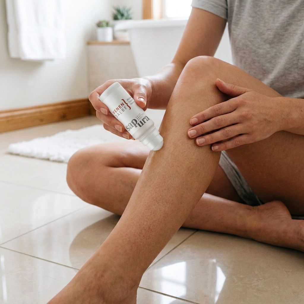 Person trägt Venensalbe Roll-On auf das Bein auf.