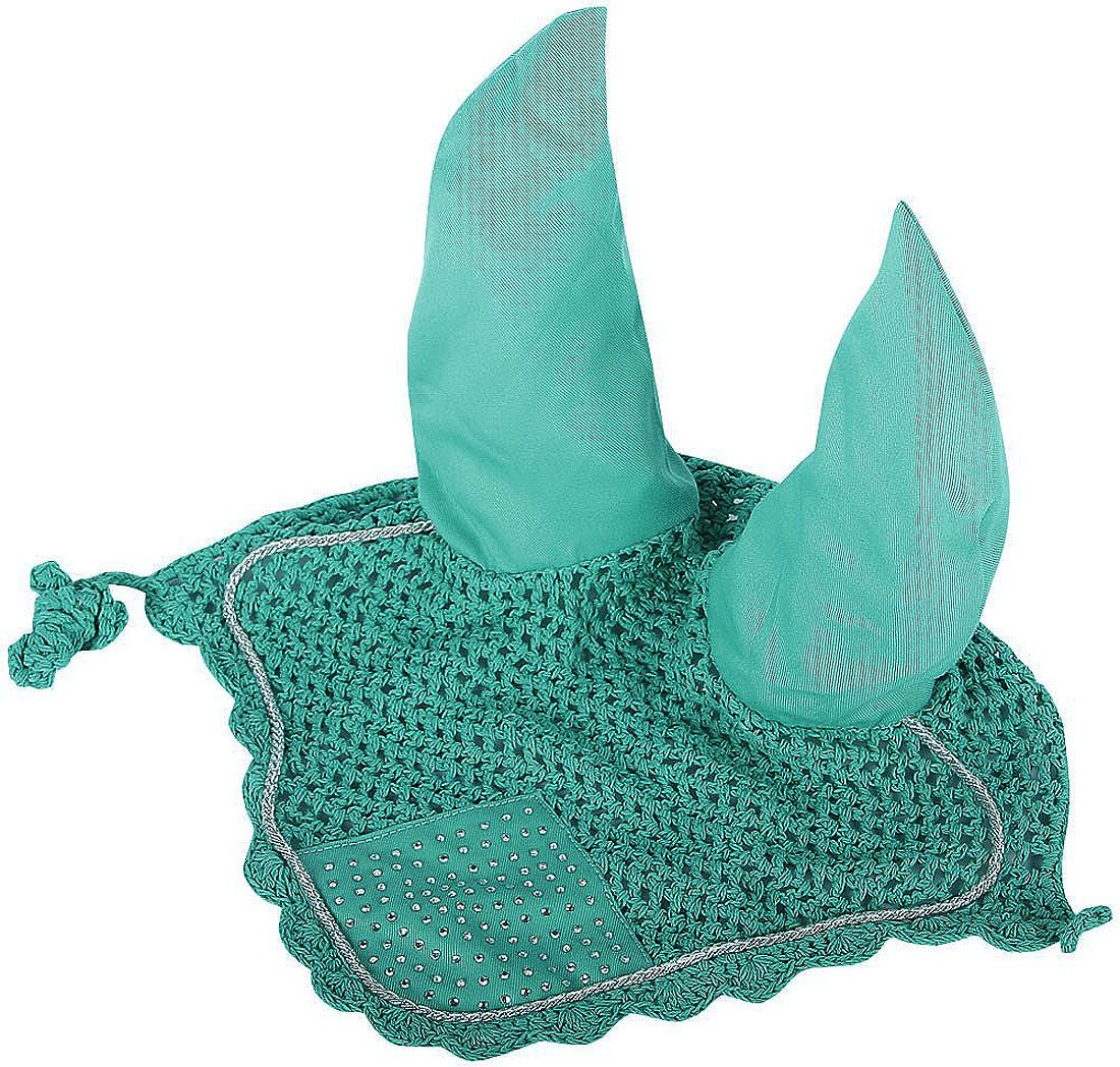Pferdeohrenschutz mit Strasssteinchen. Gehäkeltes Netz, zwei Ohren, Ziersteinbesatz, silberne Kordel. Farbe: Grün.
