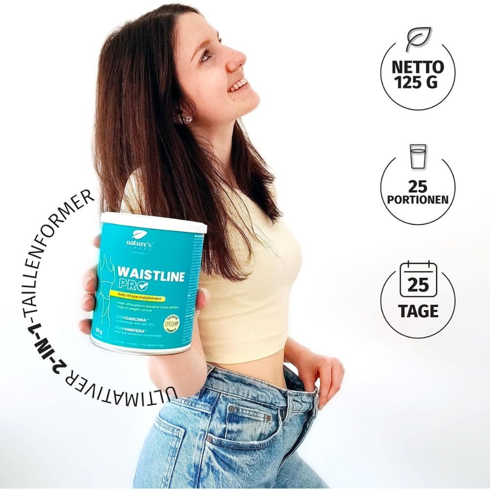 Frau hält Dose "Nature's Finest Waistline Pro". Aufschrift: "2-in-1 Taillenumfang". Enthält 125g, 25 Portionen, für 25 Tage.