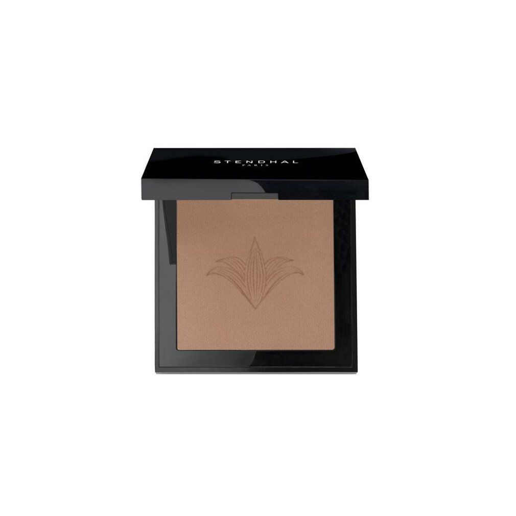 Kompaktpuder-Verpackung, quadratisch, schwarz. Deckel mit Stendhal-Logo. Gebräuntes Puder mit geprägtem Muster.