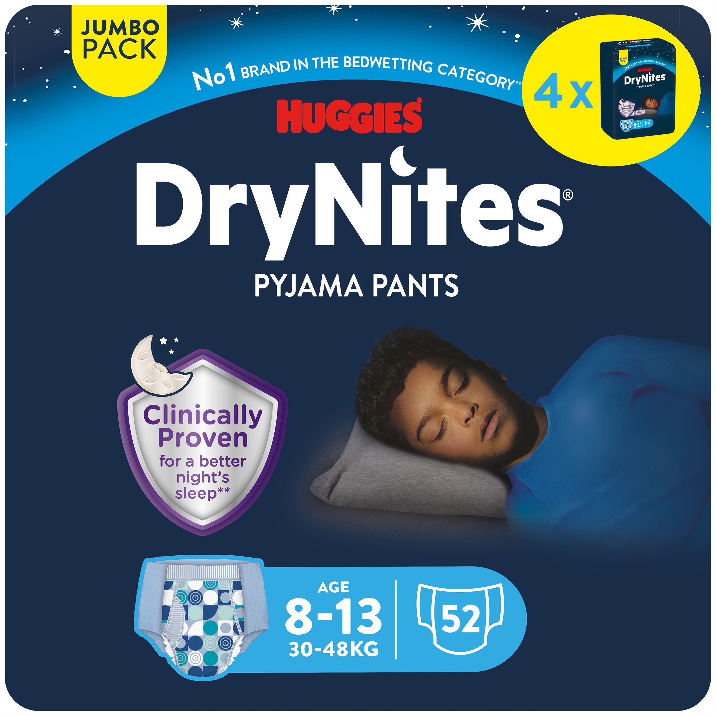 Huggies DryNites Pyjama Pants. Jumbo Pack. Alter 8-13 Jahre, 30-48 kg. Enthält 52 Windelhosen. Klinisch bewiesen für besseren Schlaf.