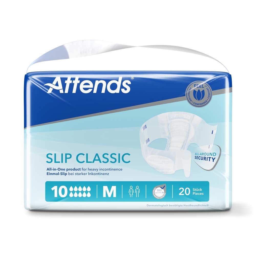 Attends Slip Classic 10 M-Packung. Inkontinenzprodukt. 20 Stück. Blaue und weiße Verpackung mit Produktabbildung und Logo. All-in-One-Produkt.