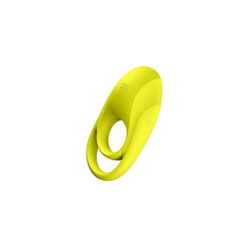 Neon-grüner Ringvibrator. Oval geformt mit zwei Öffnungen. Oberseite mit Symbolen. 