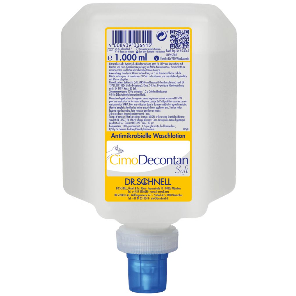 Weiße Flasche mit gelbem Etikett. Aufschrift: CimoDecontan Soft, Antimikrobielle Waschlotion. 1.000 ml.
