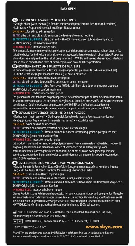 Text auf schwarzem Hintergrund. Produktinformationen, darunter "SKYN Selection+" und "Elite Extra Lubrifie".