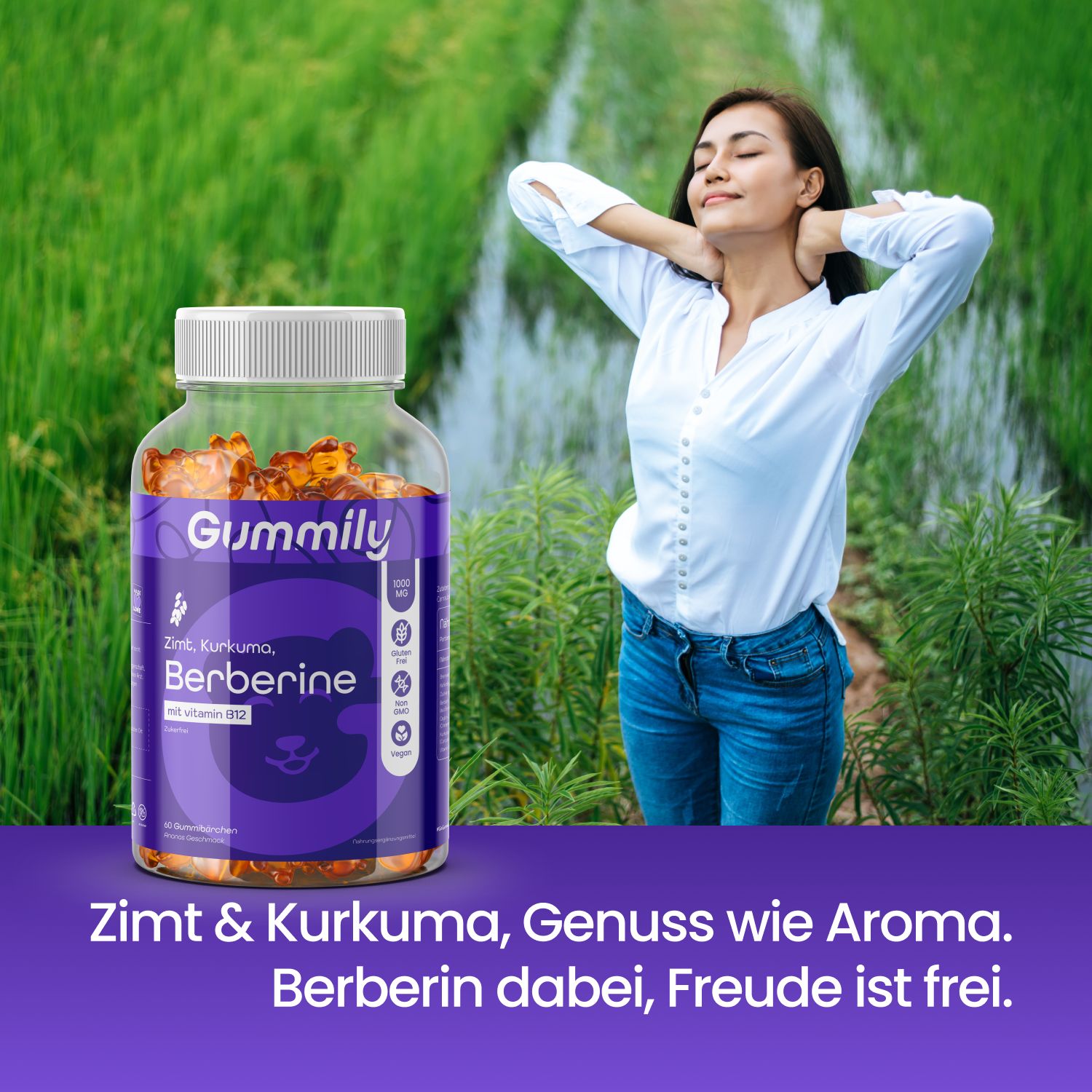 Gummily Berberin Gummibärchen Flasche neben einer Frau im Freien. "Zimt & Kurkuma, Genuss wie Aroma."