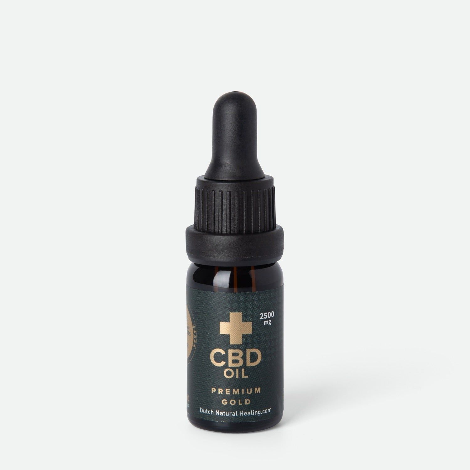 Braune Glasflasche mit schwarzem Deckel und Pipette. Aufschrift: CBD OIL, Premium Gold, 2500 mg.