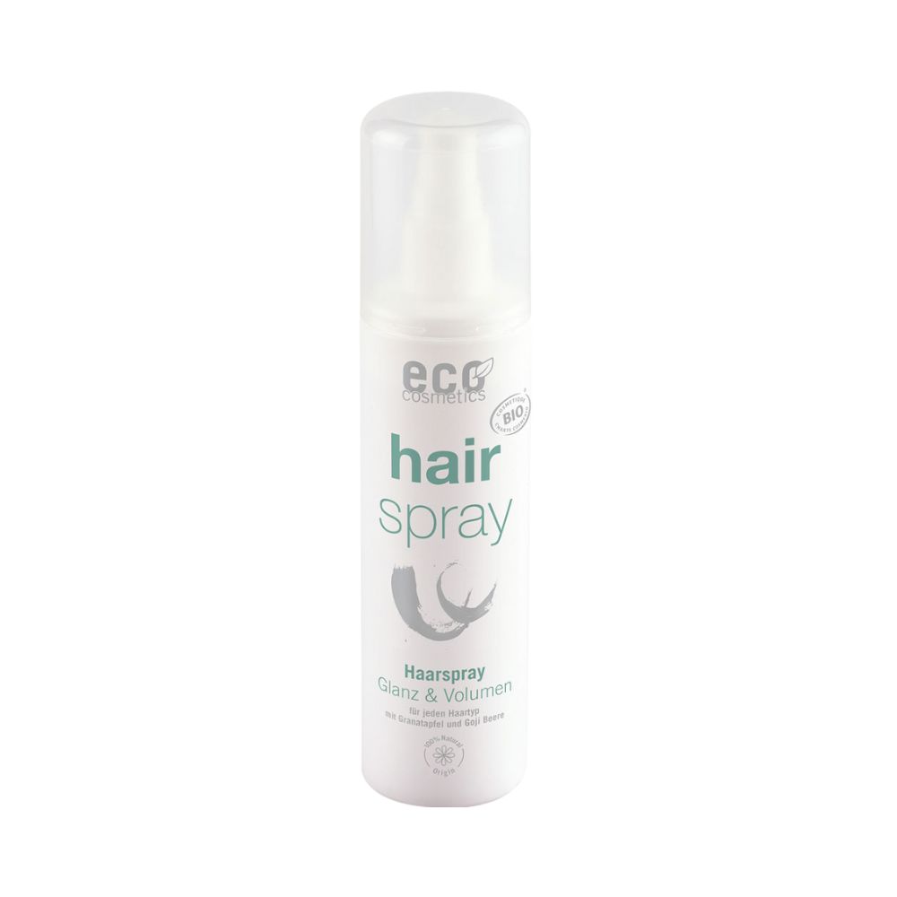 Haarspray-Flasche mit Sprühkopf. Aufschrift: eco cosmetics, hair spray, Glanz & Volumen. Bio-Siegel.