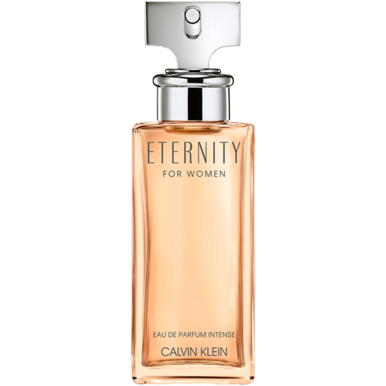 Eckiger Flakon mit silbernem Verschluss. Aufschrift: Eternity for Women, Eau de Parfum Intense, Calvin Klein.