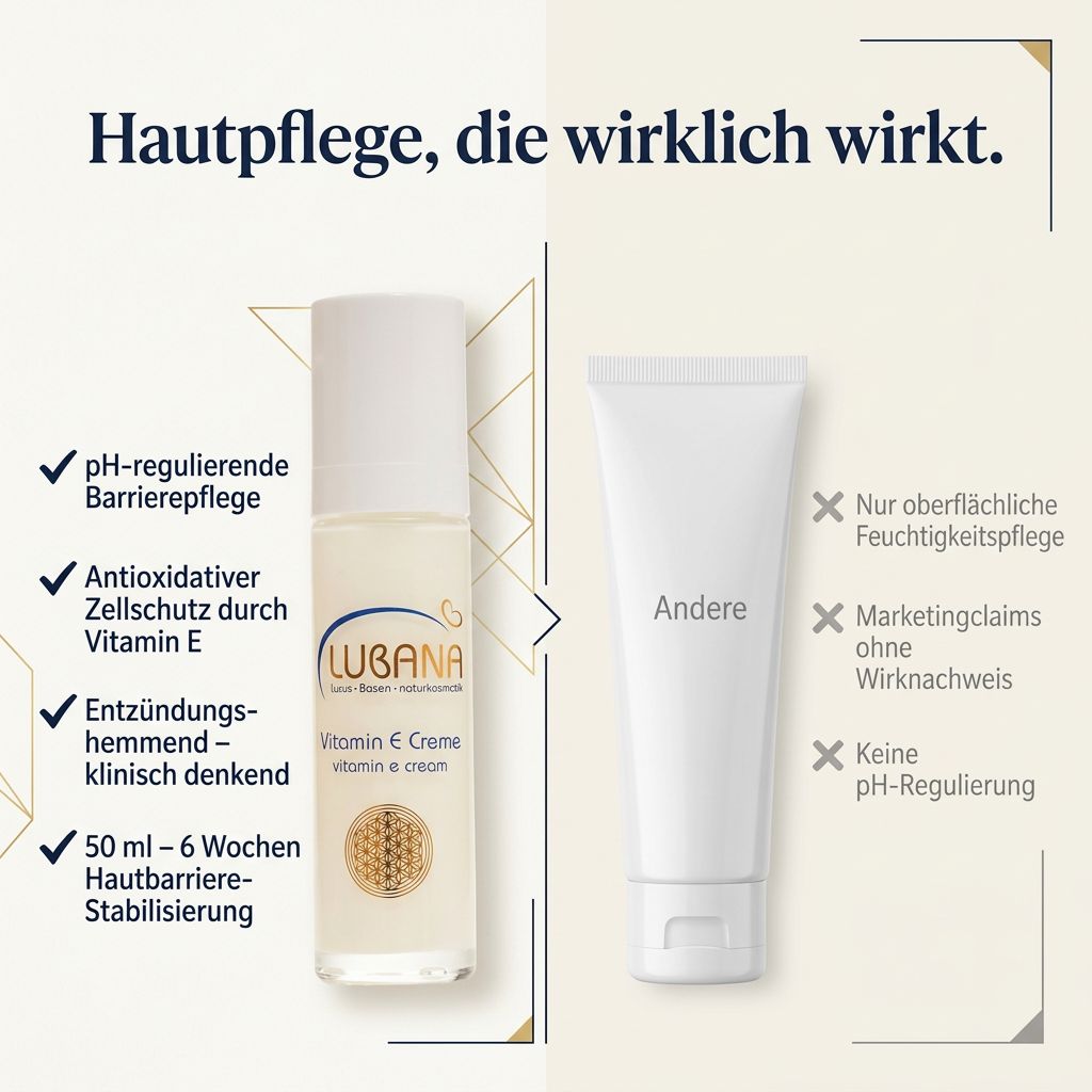 Creme-Flakon neben Tube. Text: Hautpflege, die wirklich wirkt. Vergleich.