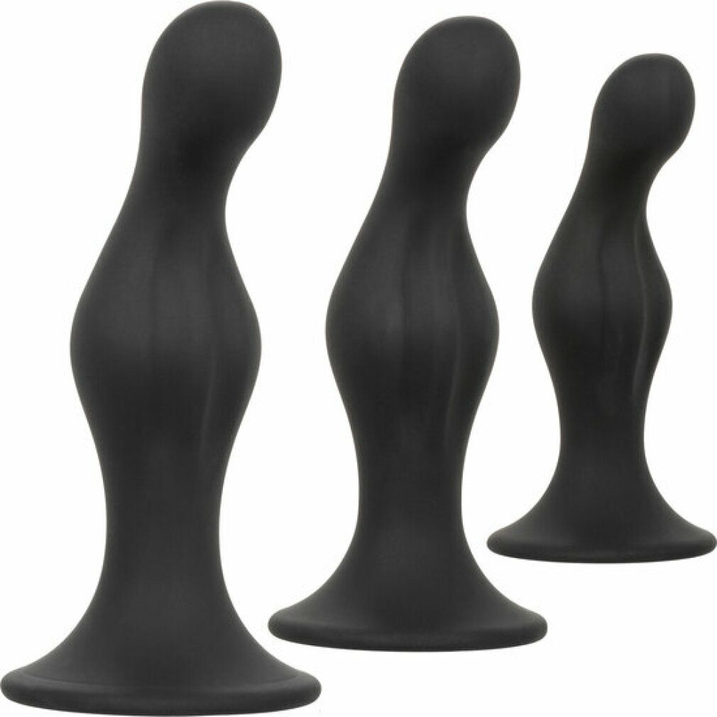 Drei schwarze Anal-Stöpsel mit geschwungener Form und breiter Basis. Auf weißem Hintergrund.