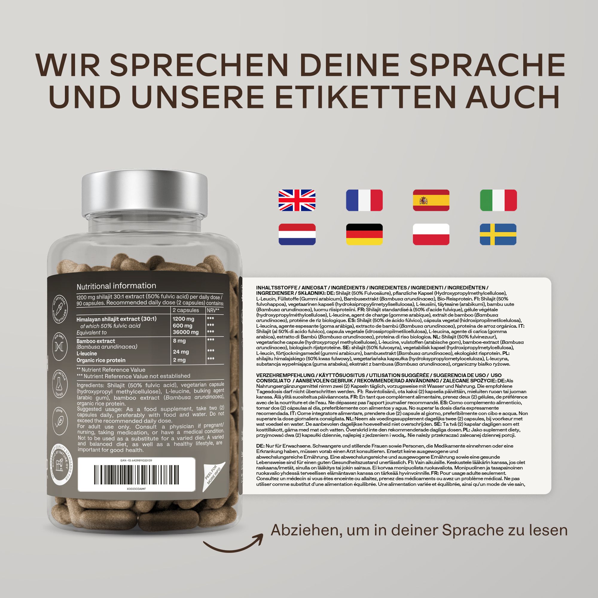 Kapsel-Flasche mit Text und Etiketten in verschiedenen Sprachen. Enthält Nährwertangaben.