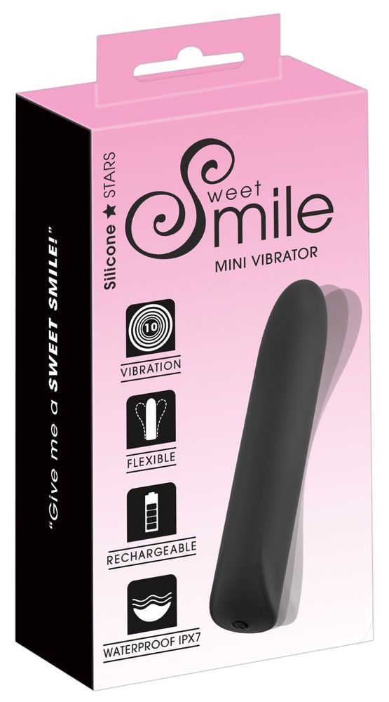 Verpackung von Sweet Smile Mini Vibrator. Rosa Box mit Produktabbildung und Icons für Funktionen.