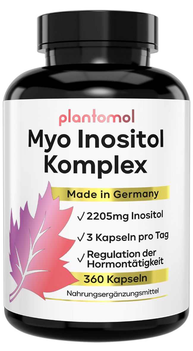 Schwarze Flasche mit plantomol® Myo Inositol Komplex. Enthält 360 Kapseln. Mit Inhaltsangaben und Qualitätsmerkmalen.