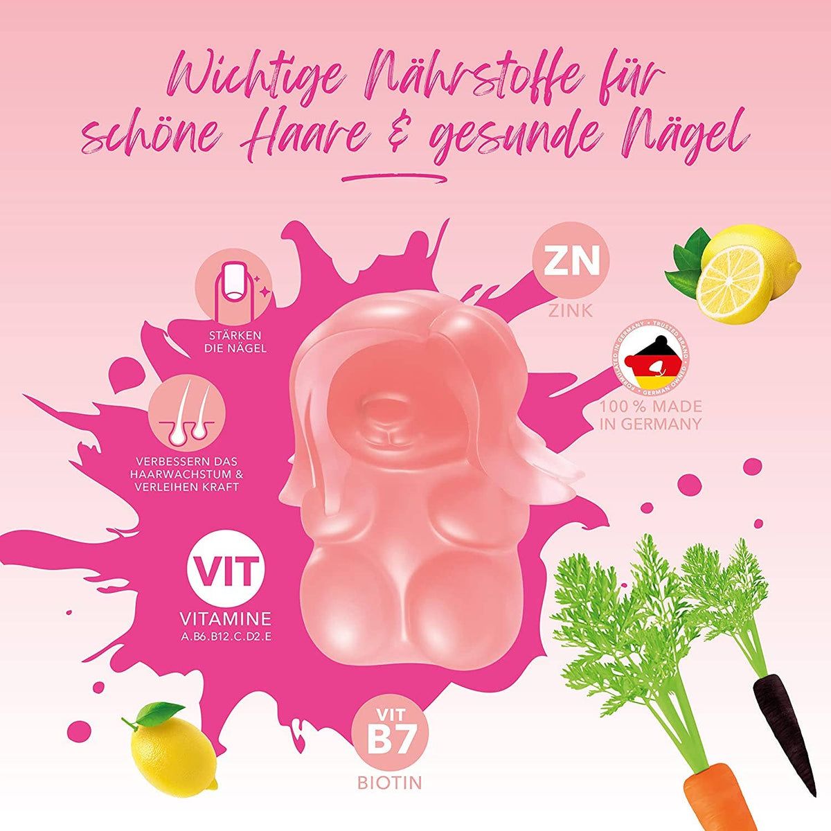 Pinkfarbener Hintergrund mit einem Gummibärchen. Zutaten und Nährstoffe.