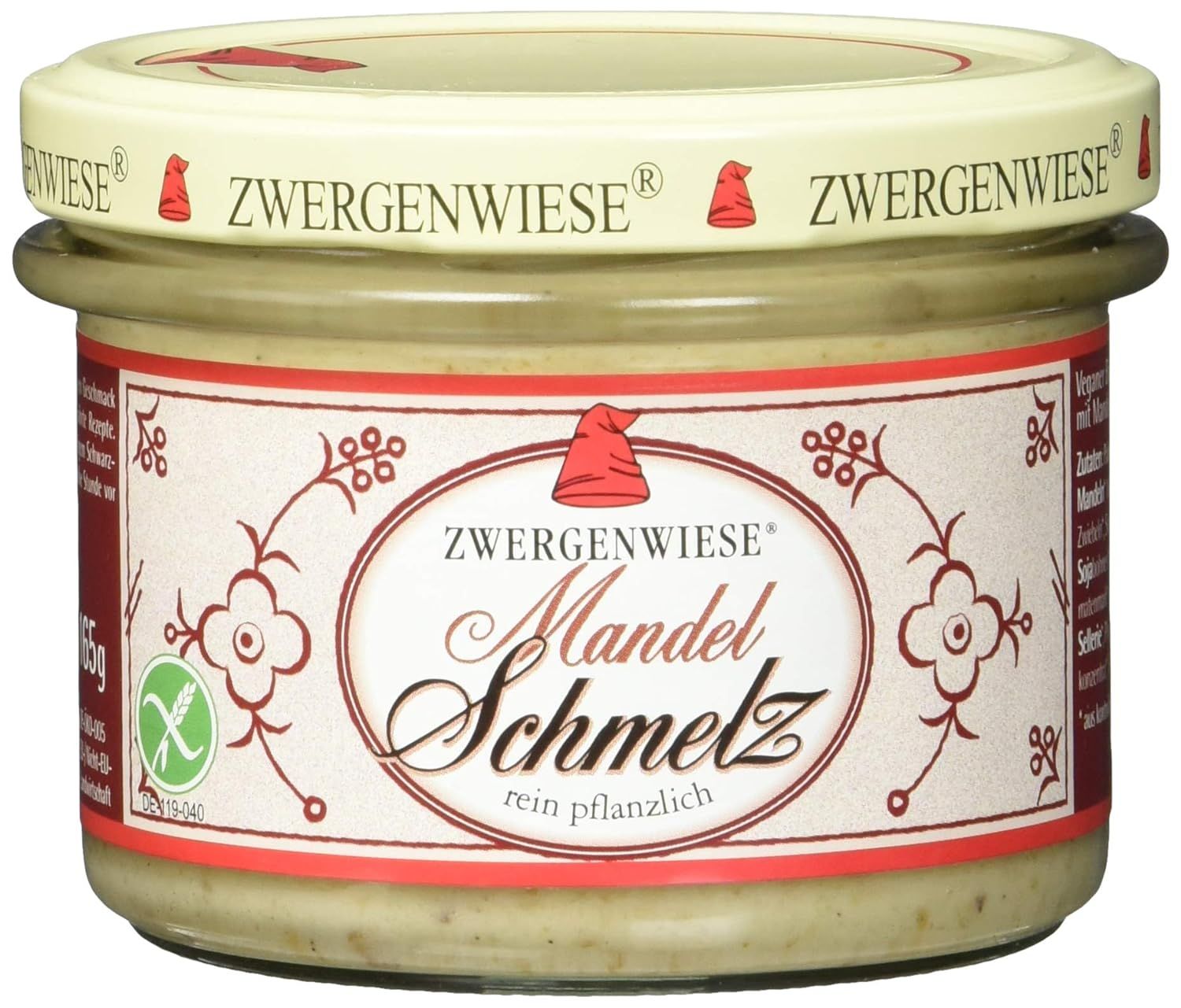 Zwergenwiese Mandel Schmelz Glas mit Bio-Siegel und "rein pflanzlich" Aufschrift.
