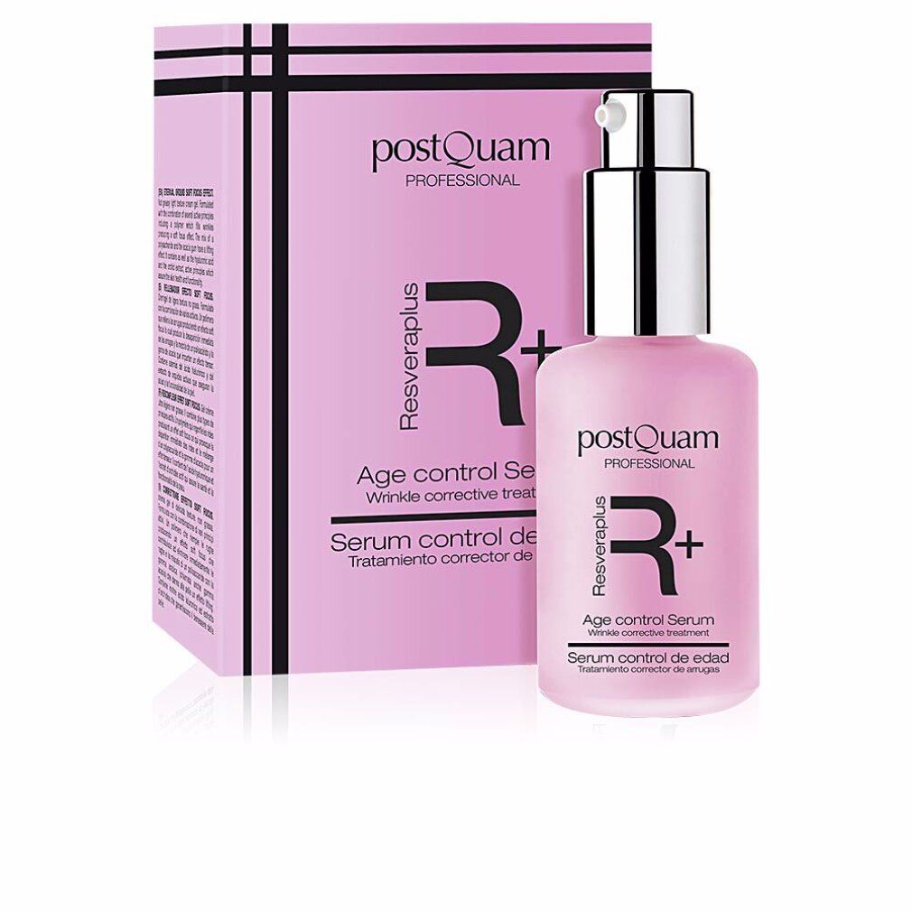 Rosa Flasche mit Sprühkopf und Verpackung. Aufschrift: Postquam Resveraplus Age control Serum. Faltenkorrektur-Behandlung.
