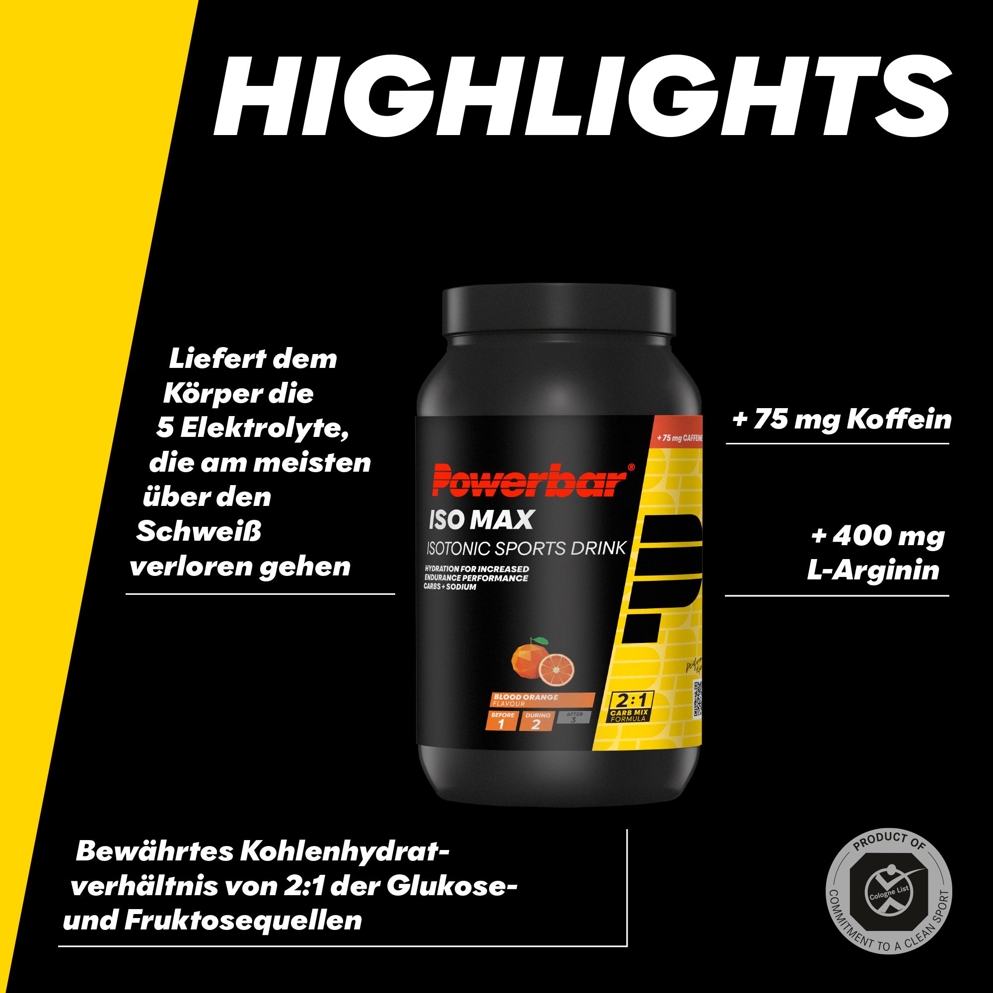 Schwarze Dose Powerbar ISO MAX, isotonisches Sportgetränk. Enthält 75 mg Koffein und 400 mg L-Arginin. Orangefarbene Abbildung.