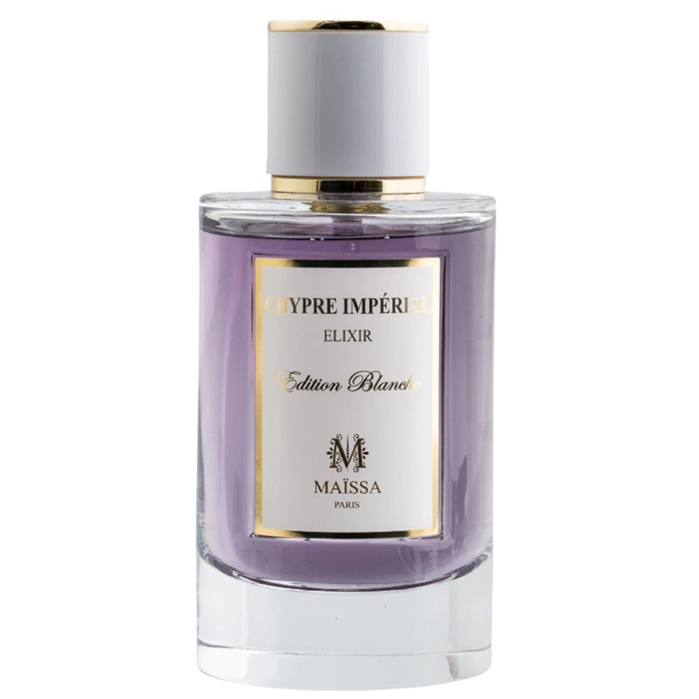 Parfümflakon mit weißem Deckel und goldener Umrandung. Auf dem Etikett steht "Chypre Impéri Elixir Edition Blanc" und "Maïssa Paris".