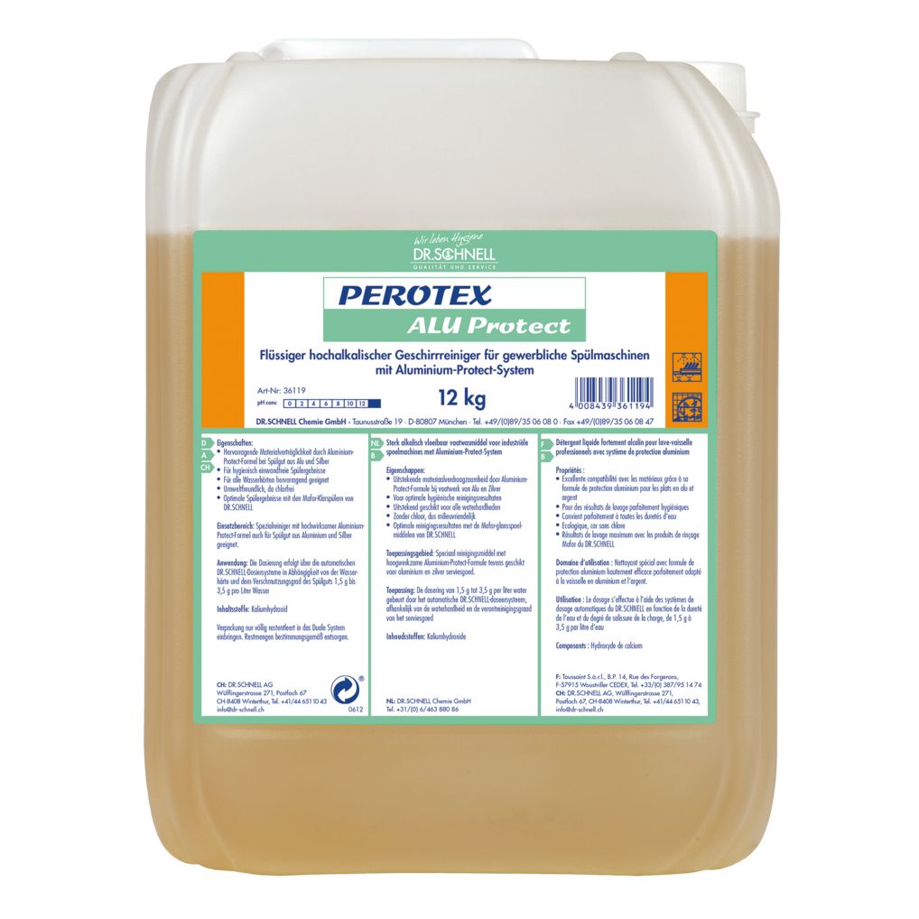 Rechteckiger Kanister mit Flüssigreiniger. Aufschrift: PEROTEX ALU Protect, 12 kg. Für gewerbliche Spülmaschinen.