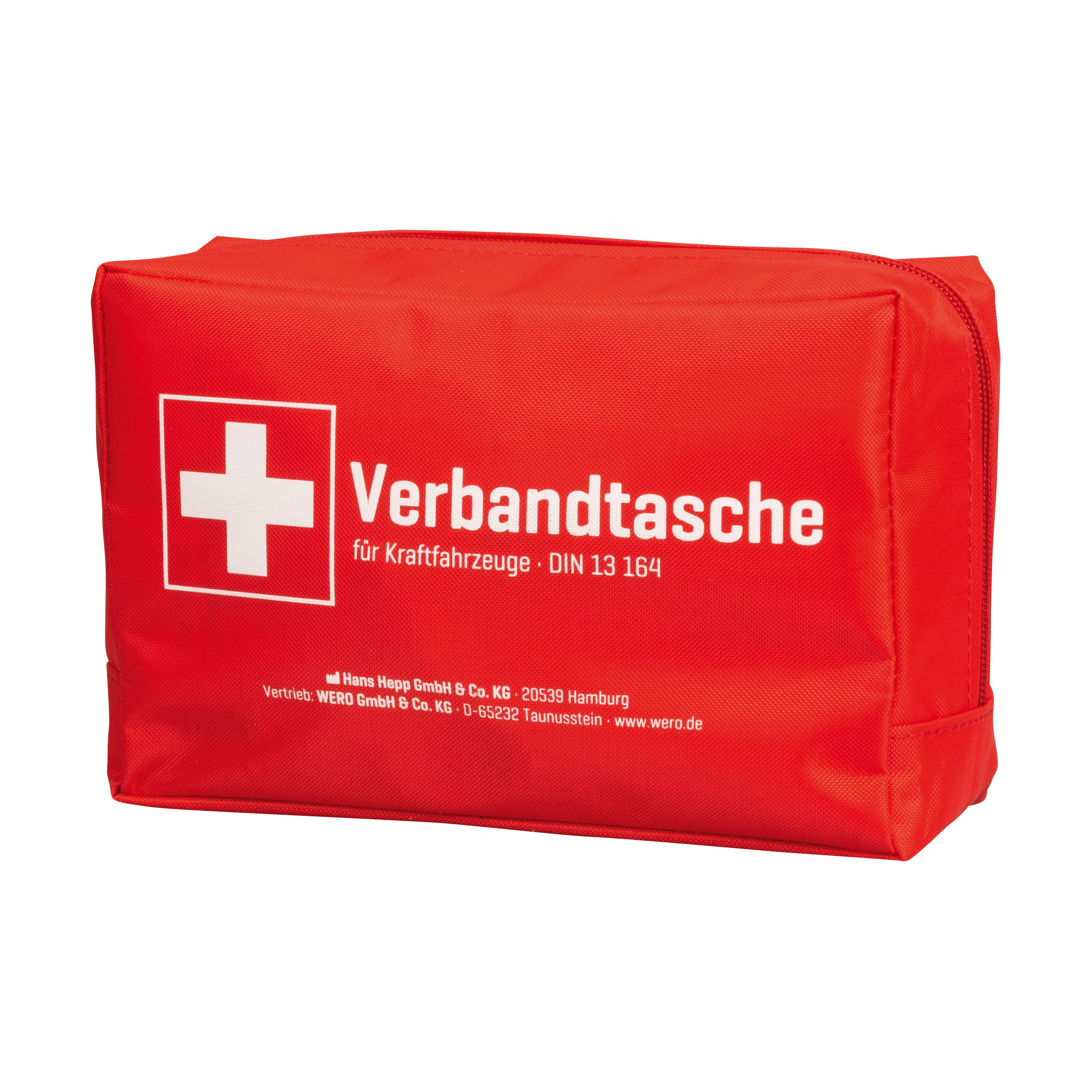 Rote Verbandtasche mit weißem Kreuz und Aufschrift. DIN 13164. Reißverschluss.