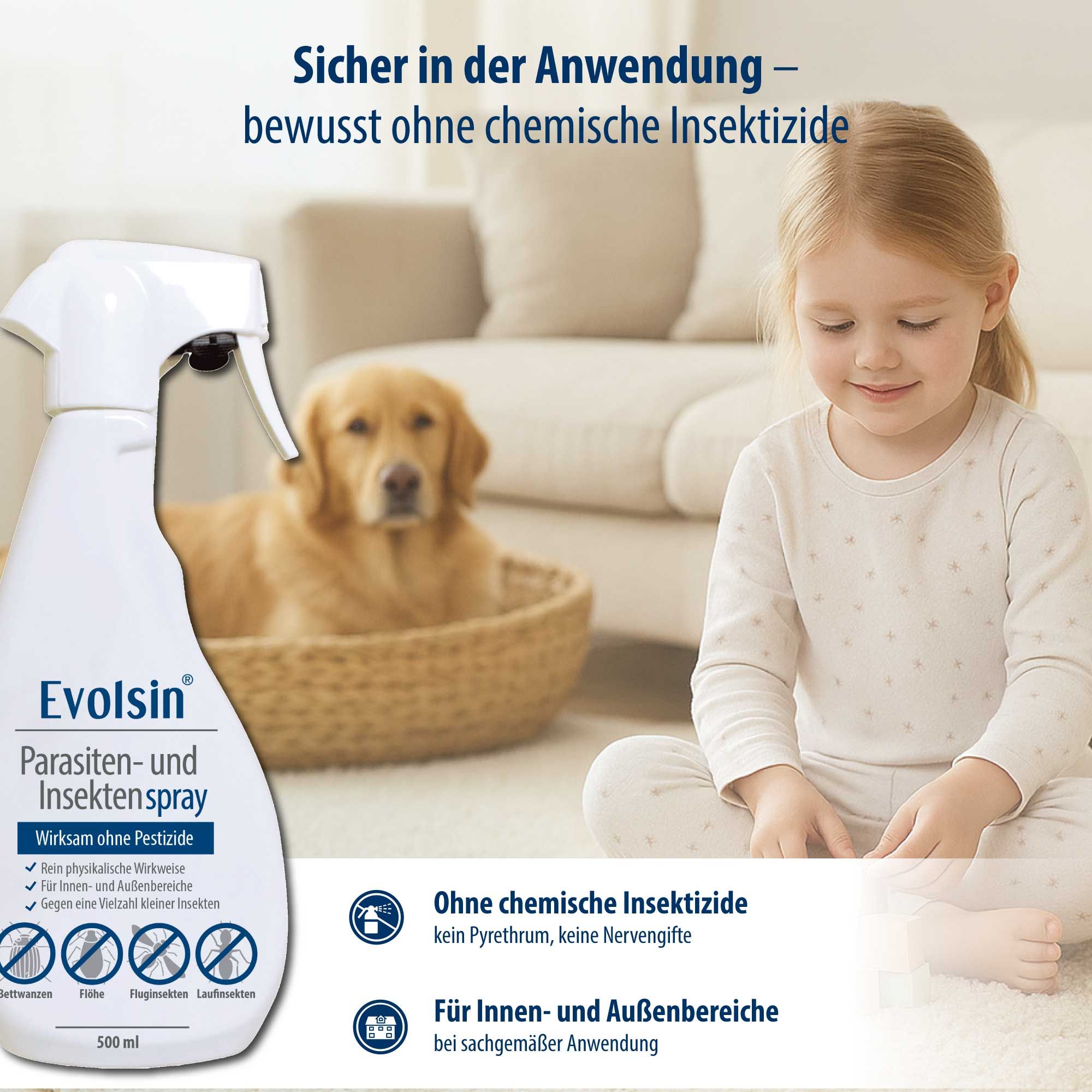 Mädchen und Hund neben Evolsin® Parasiten- und Insektenspray-Flasche. Text: Sicher in der Anwendung – ohne chemische Insektizide.