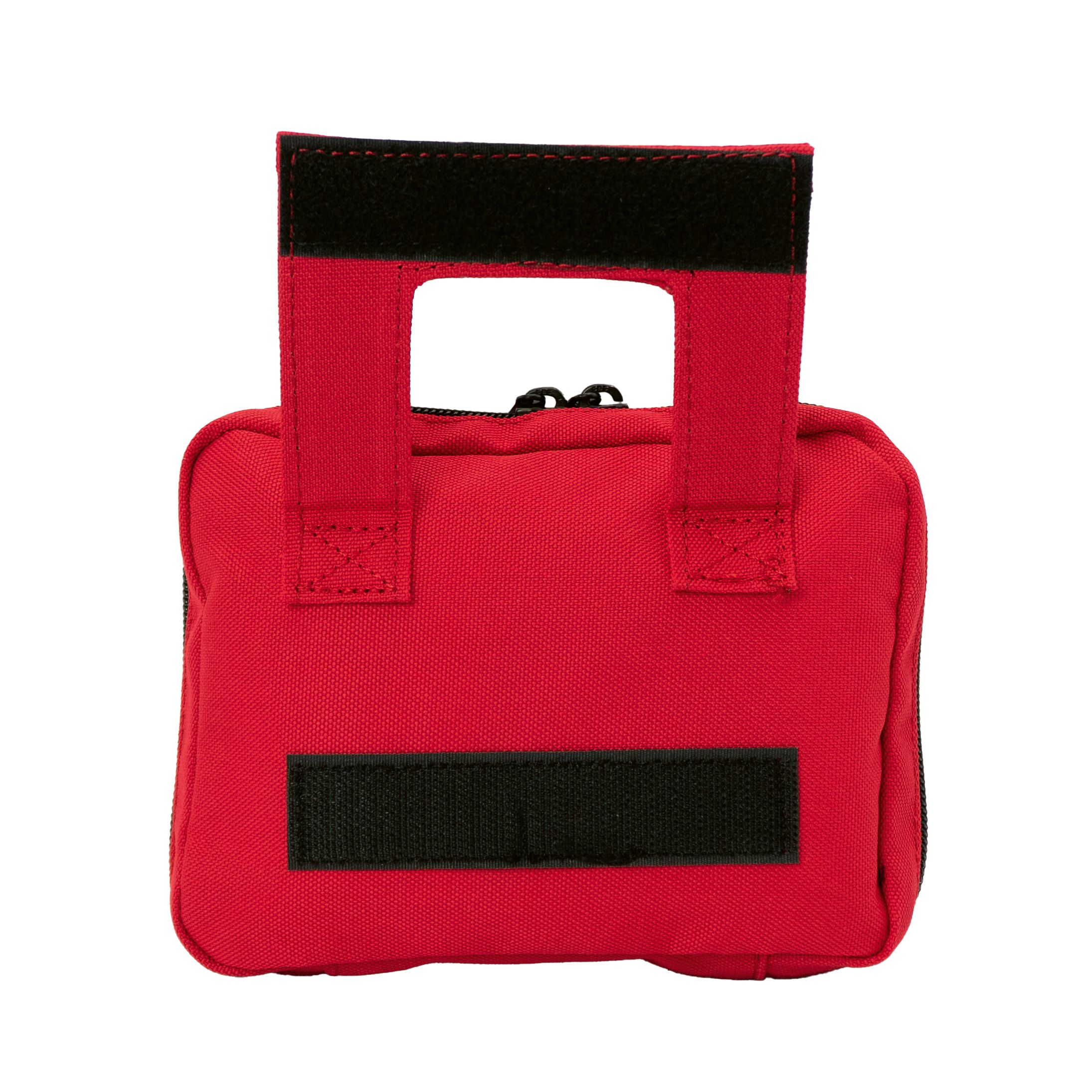 Rote Erste Hilfe Tasche mit schwarzem Reißverschluss. Rückseite mit Klettverschluss-Schlaufen.