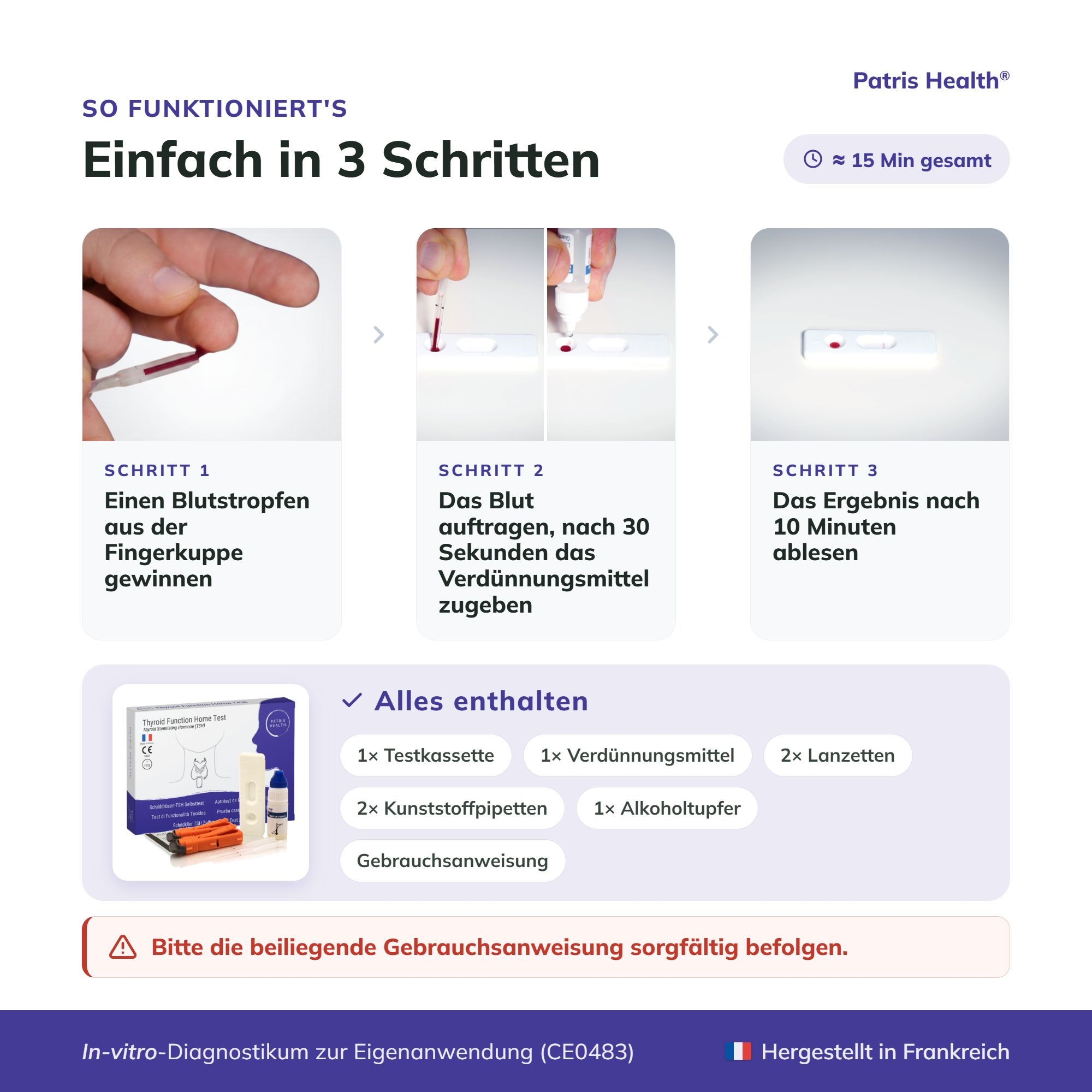 Schritt-für-Schritt-Anleitung zur Anwendung des Schilddrüsen-TSH-Selbsttests: Blutentnahme, Anwendung, Ergebnis.