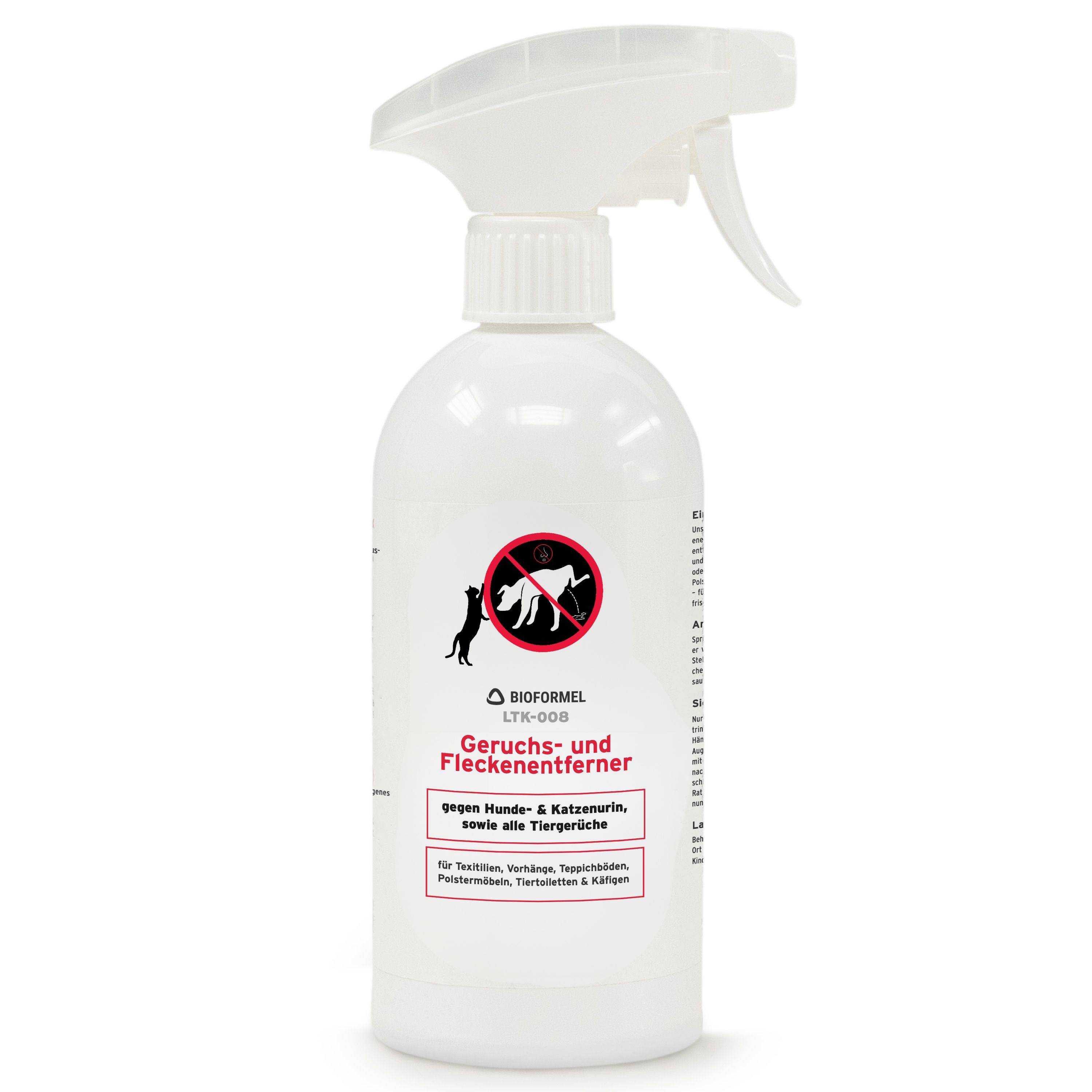 Weiße Sprühflasche mit Produktetikett. Text: Geruchs- und Fleckenentferner. Ltk-008. Für Textilien, Polster, Teppiche, uvm.