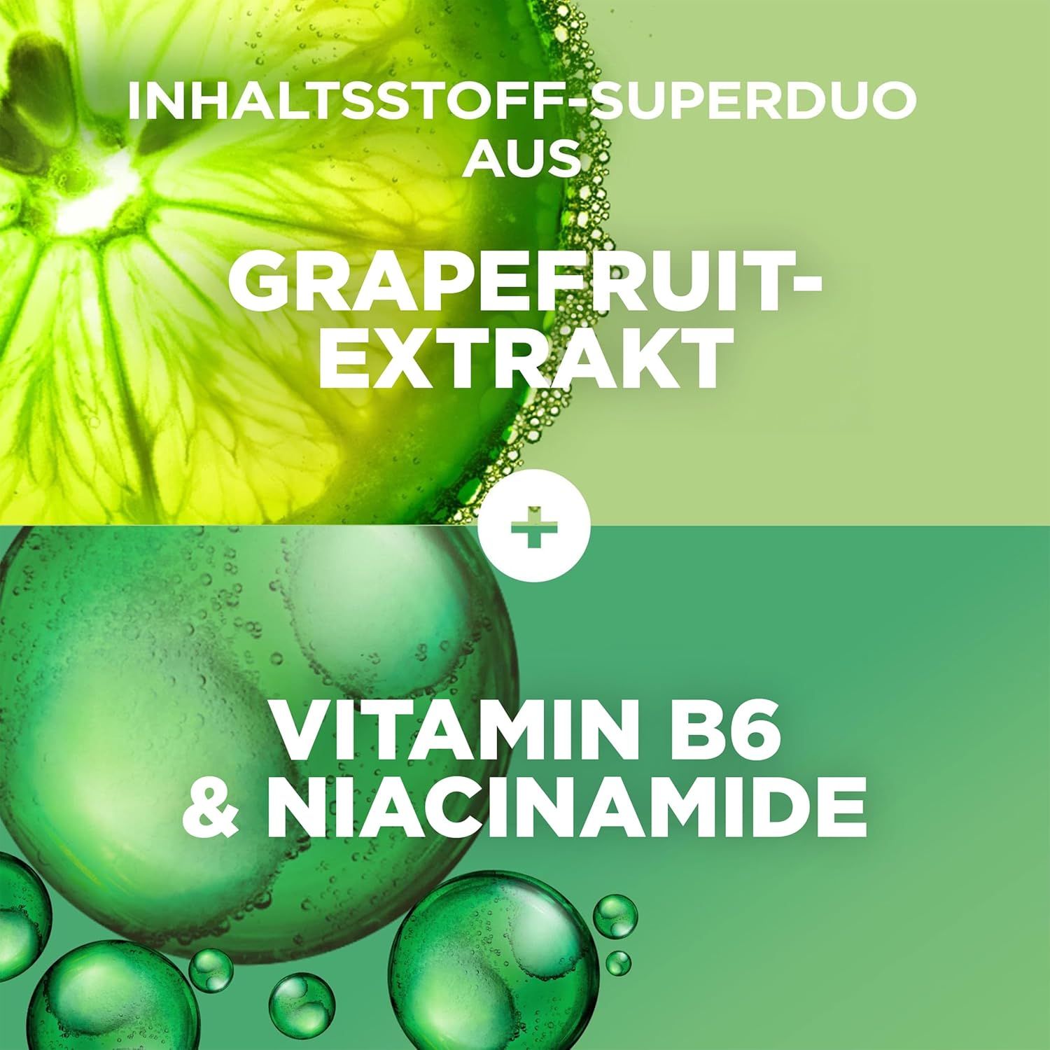 Grafik mit Grapefruit-Extrakt, Vitamin B6 und Niacinamid. Text: Inhaltsstoff-Superduo.