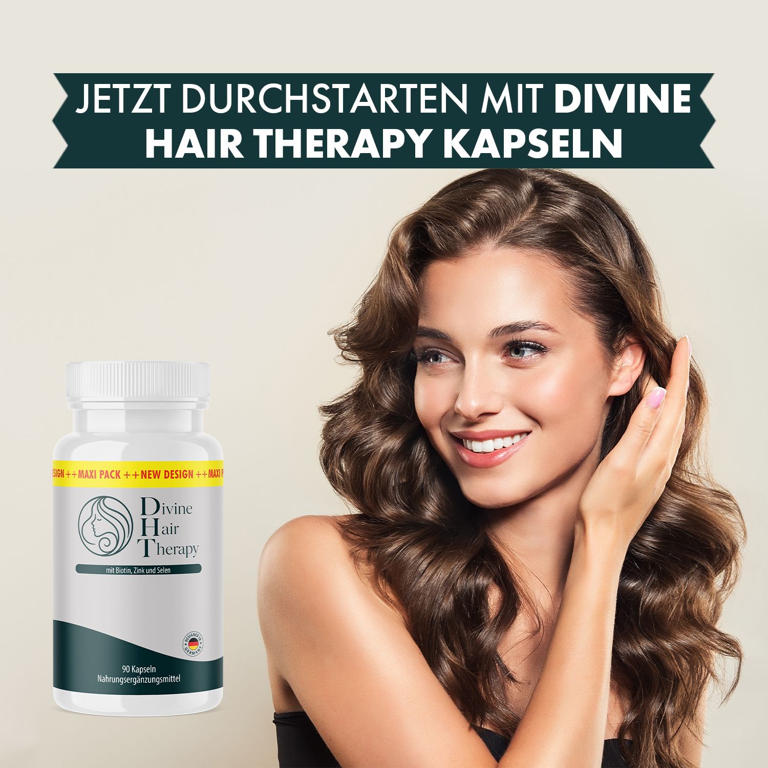 Frau mit vollem Haar neben einer Flasche Divine Hair Therapy Kapseln. Für volles Haar.