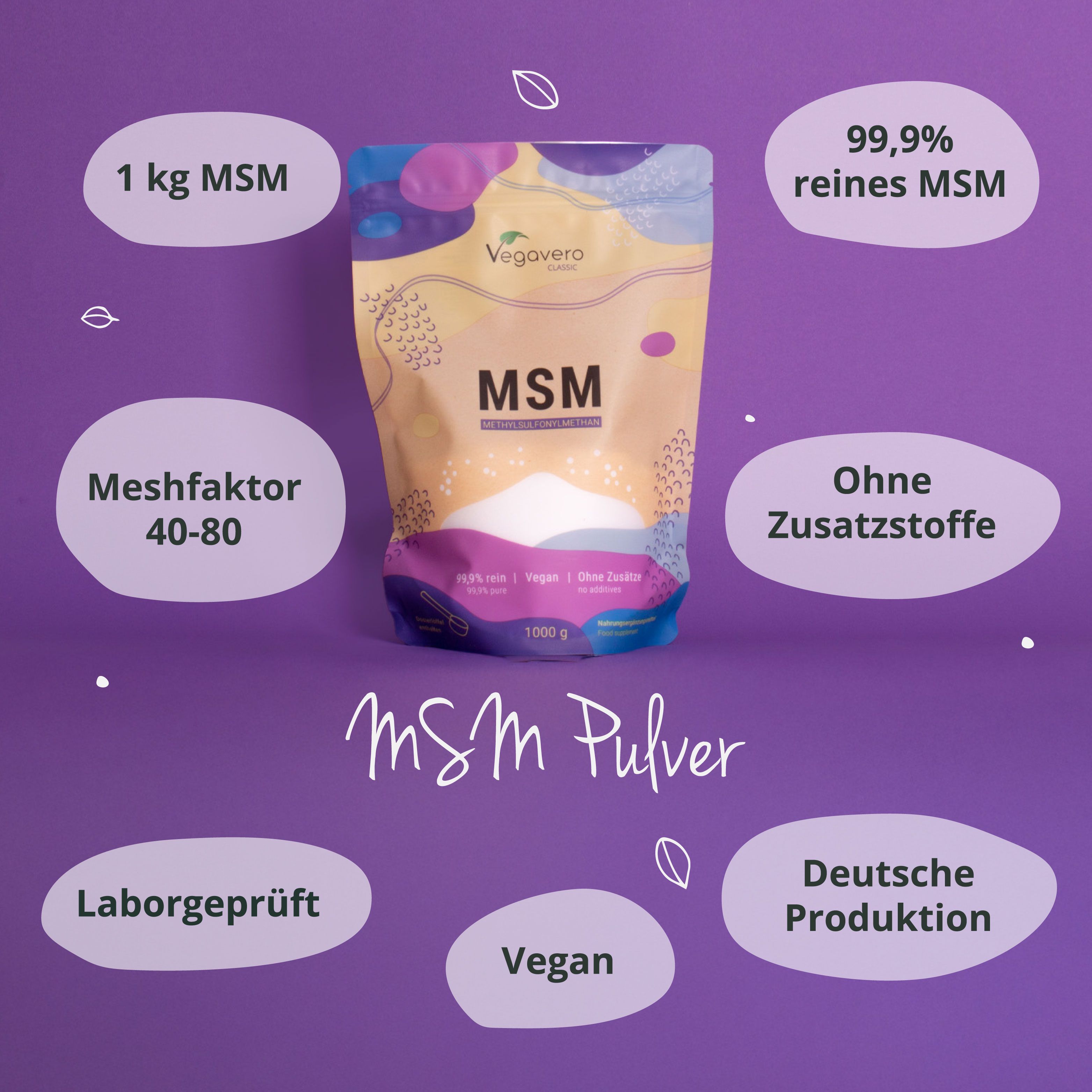 MSM-Pulver-Beutel. Marke Vegavaro. Text: 1 kg MSM, 99,9% reines MSM, ohne Zusatzstoffe, vegan, deutsche Produktion.