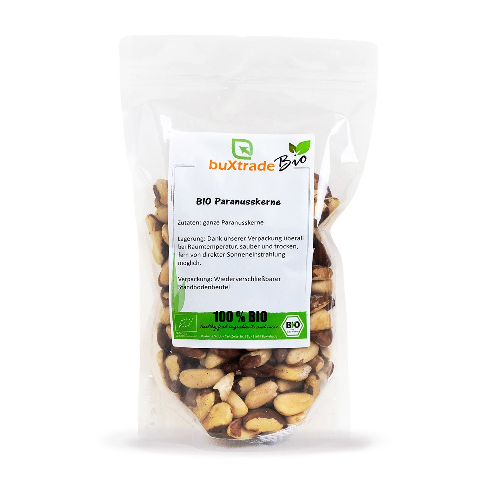 Transparente Verpackung mit Paranusskernen. Aufdruck: buXtrade Bio, 100% Bio. Text in Deutsch.