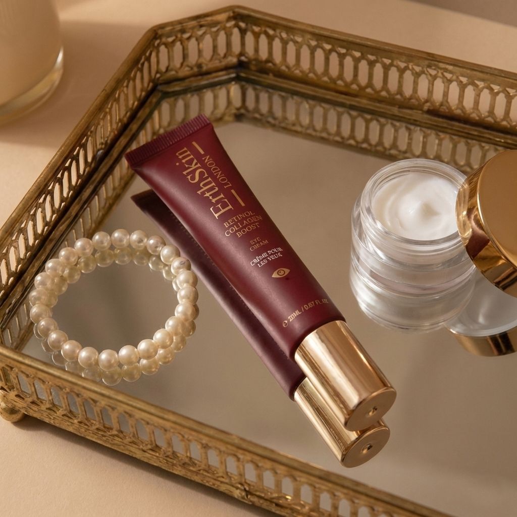 ErthSkin Retinol Collagen Boost Augencreme-Tube auf einem Spiegeltablett mit Perlen und einer kleinen Tiegelcreme.
