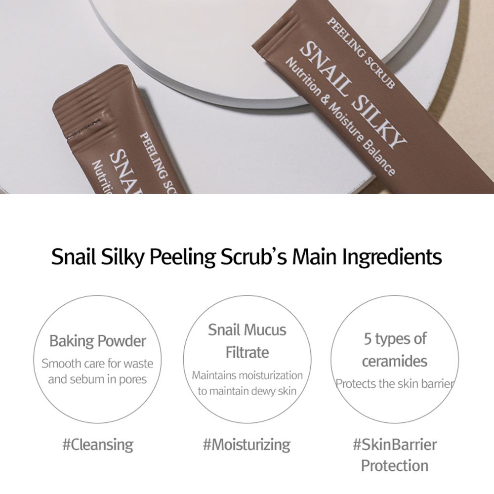 Produktbeutel und Text. Text: Inhaltsstoffe: Baking Powder, Schneckenschleim, Ceramide. #Cleansing, #Moisturizing, #SkinBarrierProtection.