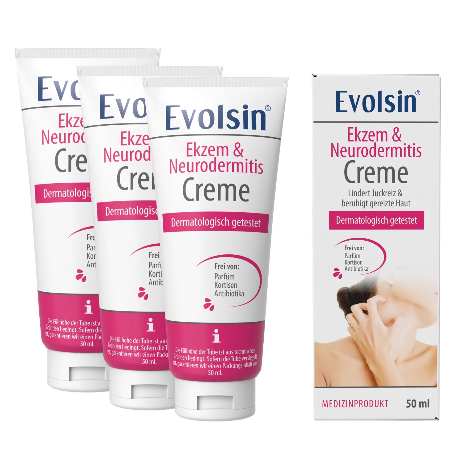 Drei Tuben Evolsin Ekzem & Neurodermitis Creme und eine Verpackung. Text: Medizinprodukt, 50 ml.