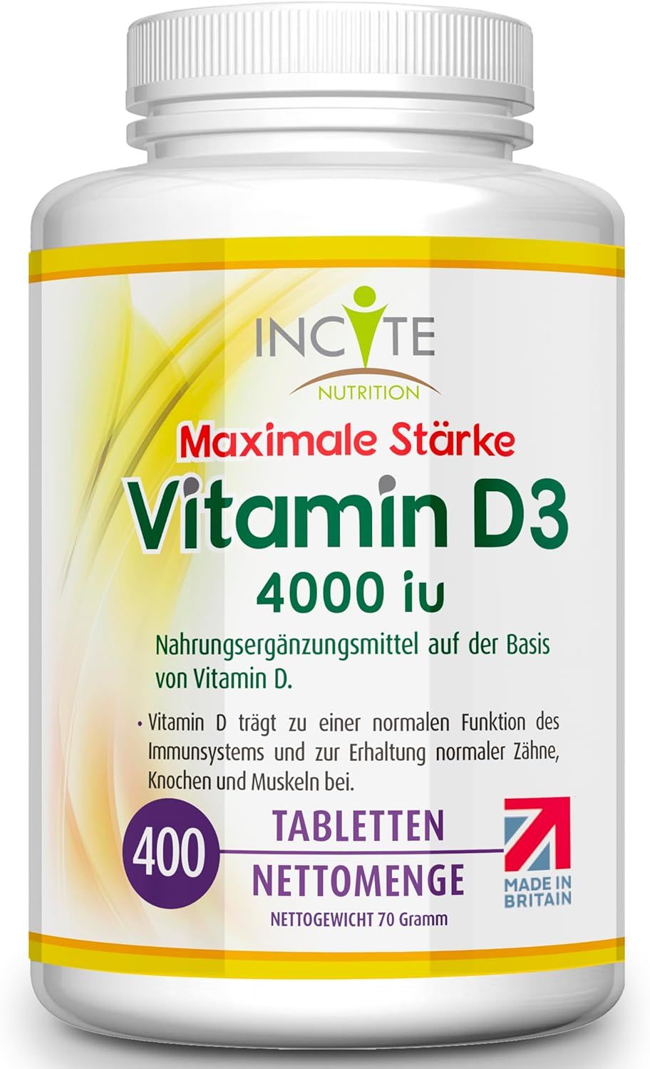 Weiße Flasche mit gelbem Etikett. Aufschrift: Incite Nutrition, Vitamin D3 4000 IE, 400 Tabletten, Made in Britain.