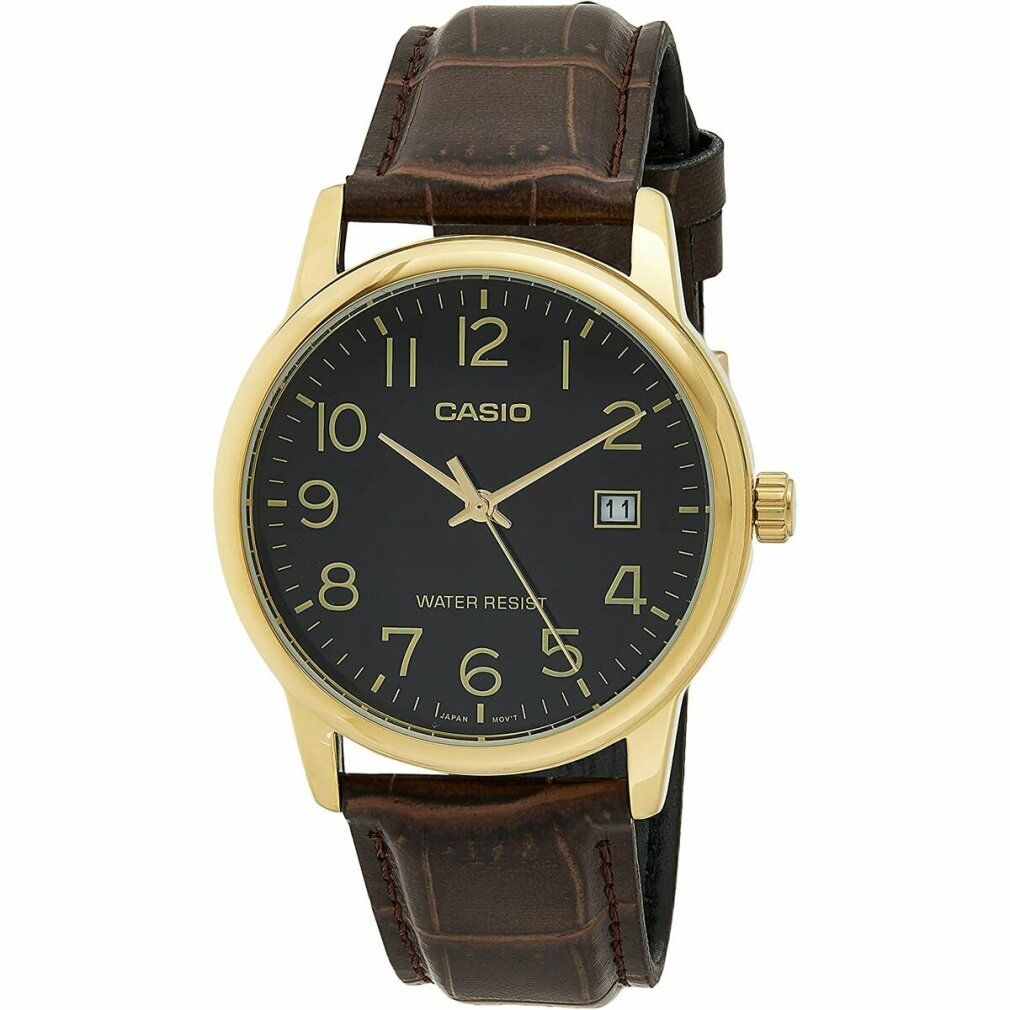 Casio Men's Standard Analog Gold Tone Leather Band Day Date Watch