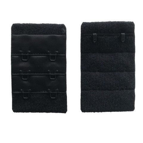 Zwei schwarze BH-Verlängerungen. 3 Reihen mit je 2 Haken. Stoffstruktur sichtbar.