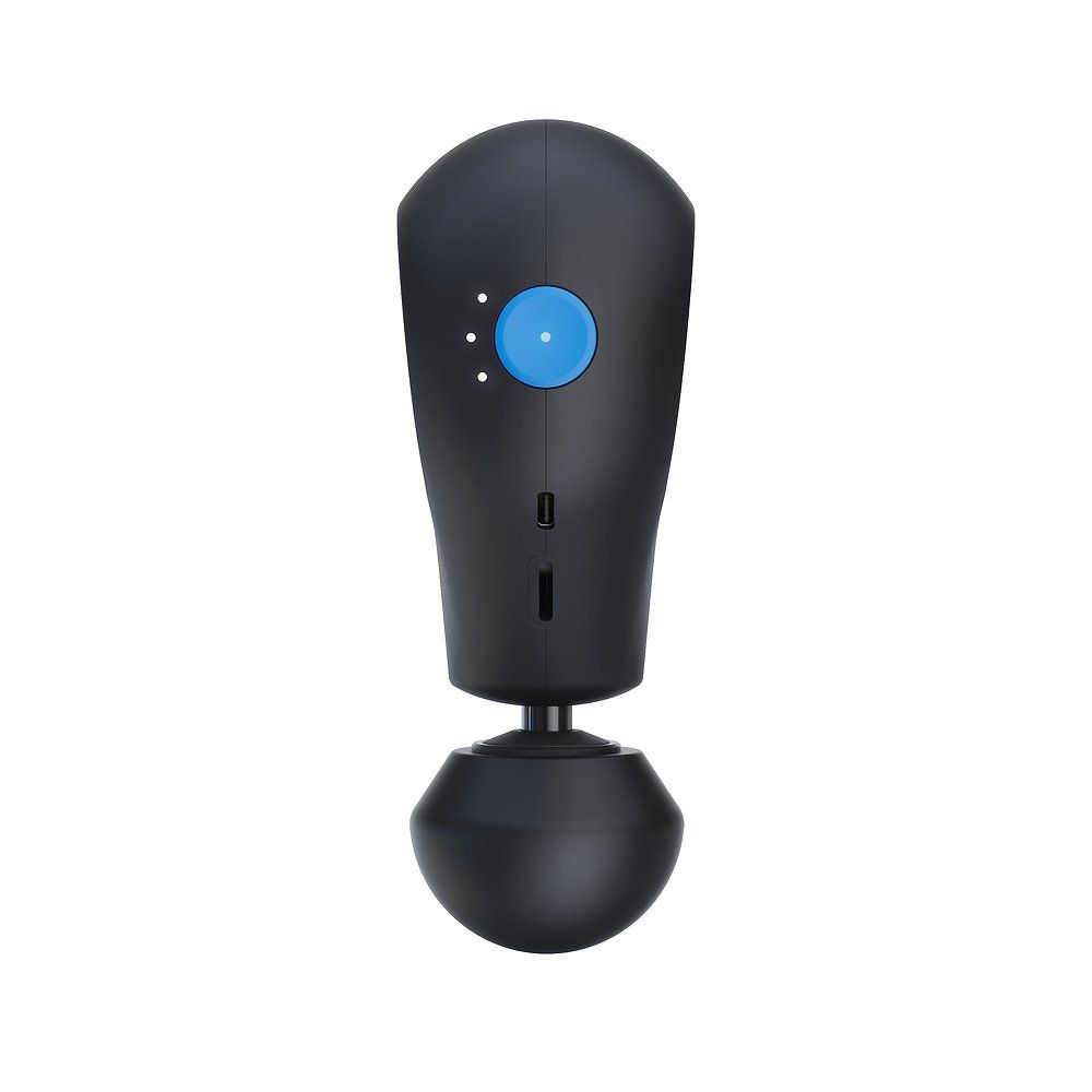 Schwarzes Massagegerät mit blauem Knopf und drei weißen LEDs. Runde Basis.