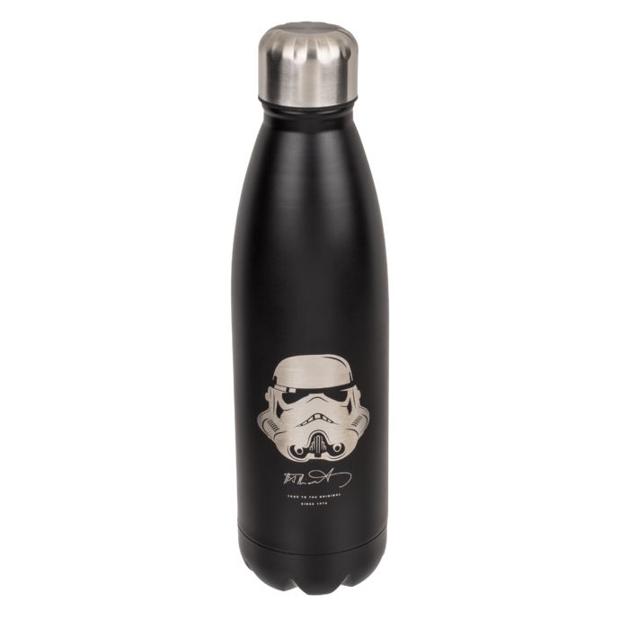 Schwarze Trinkflasche mit Stormtrooper-Motiv. Silberner Deckel. Logo und Schriftzug unten. Edelstahl.
