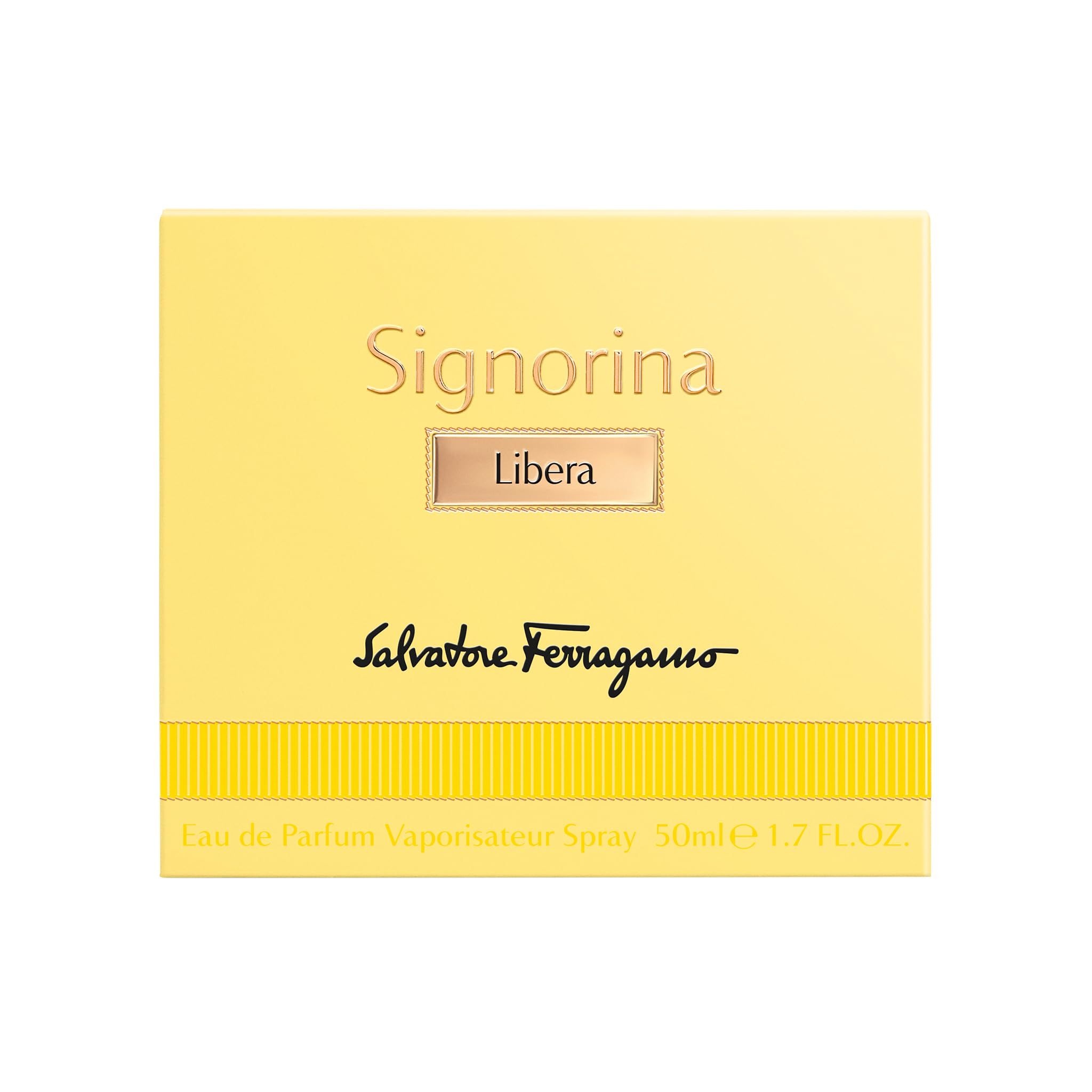 Gelbe Verpackung mit Schriftzug Signorina Libera und Salvatore Ferragamo. Aufschrift Eau de Parfum Vaporisateur Spray 50ml 1.7 FL.OZ.