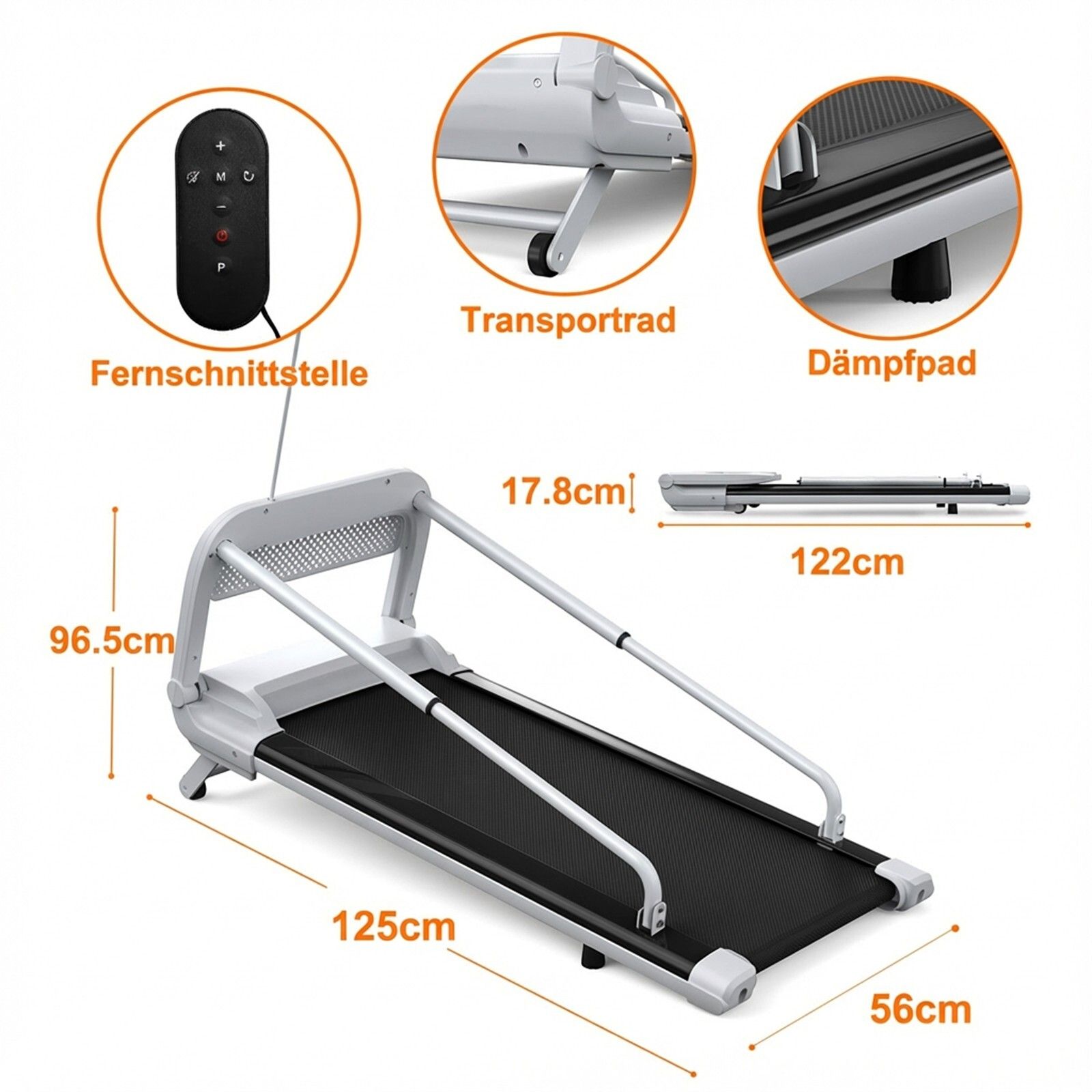 Hundelaufband mit Maßen: 125x56x96,5 cm. Fernbedienung, Transportrad, Dämpfpad. Weißes Gestell, schwarze Lauffläche.