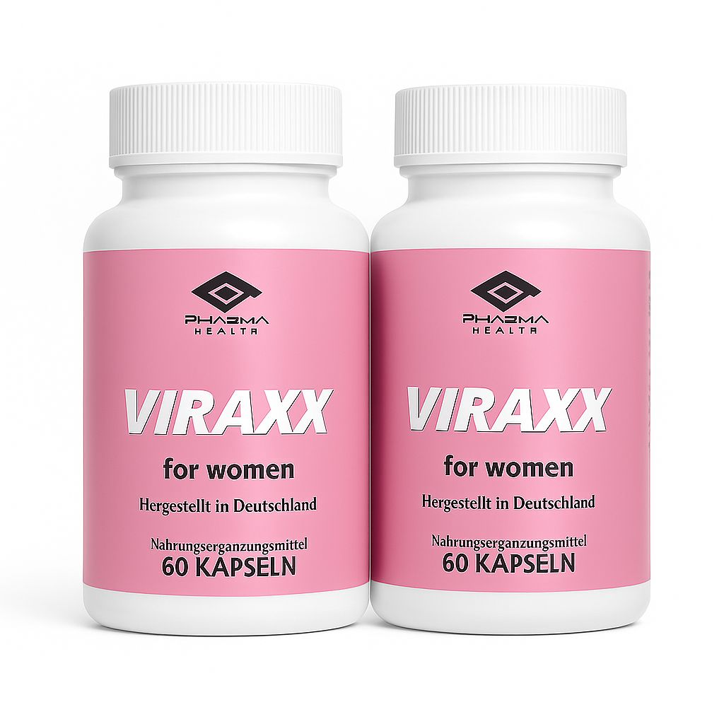 Zwei weiße Flaschen mit rosa Etiketten. Aufschrift: VIRAXX for women, Pharma Health. Hergestellt in Deutschland. 60 Kapseln.