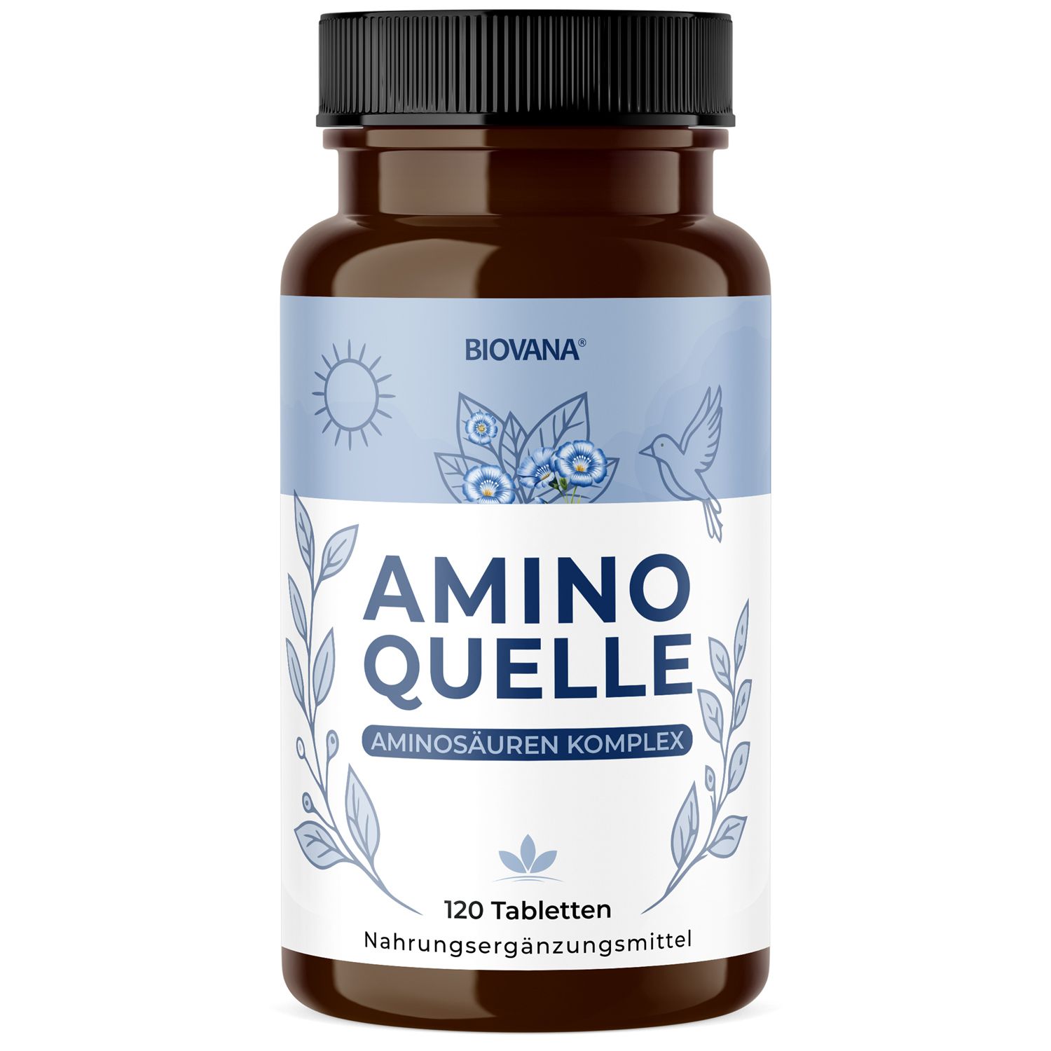 Braune Tablettenflasche mit blauem Etikett. Aufschrift: AMINO QUELLE Aminosäuren Komplex. 120 Tabletten. Nahrungsergänzungsmittel.