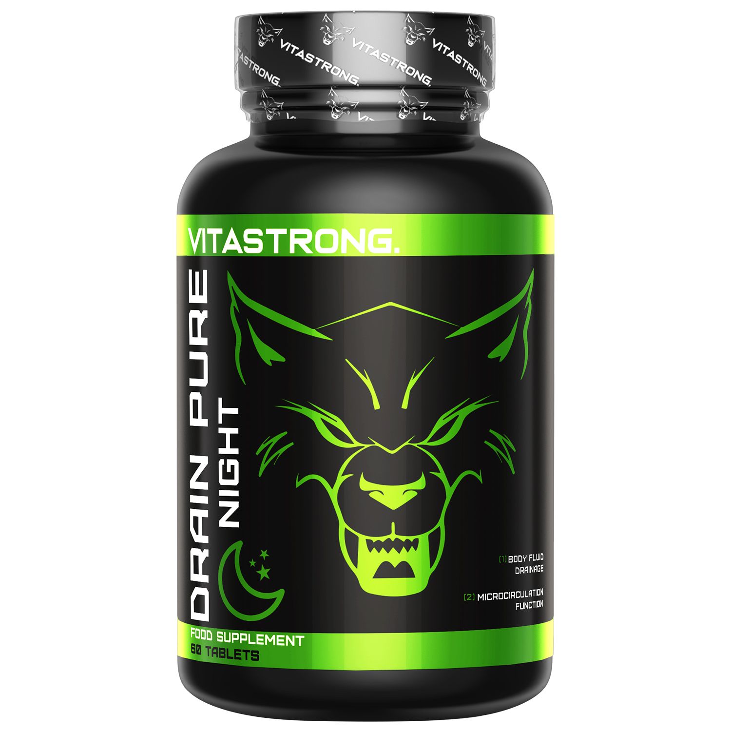 Schwarze Flasche mit grüner Aufschrift. Enthält Tabletten. Aufschrift: Vitastrong Drain Pure Night.