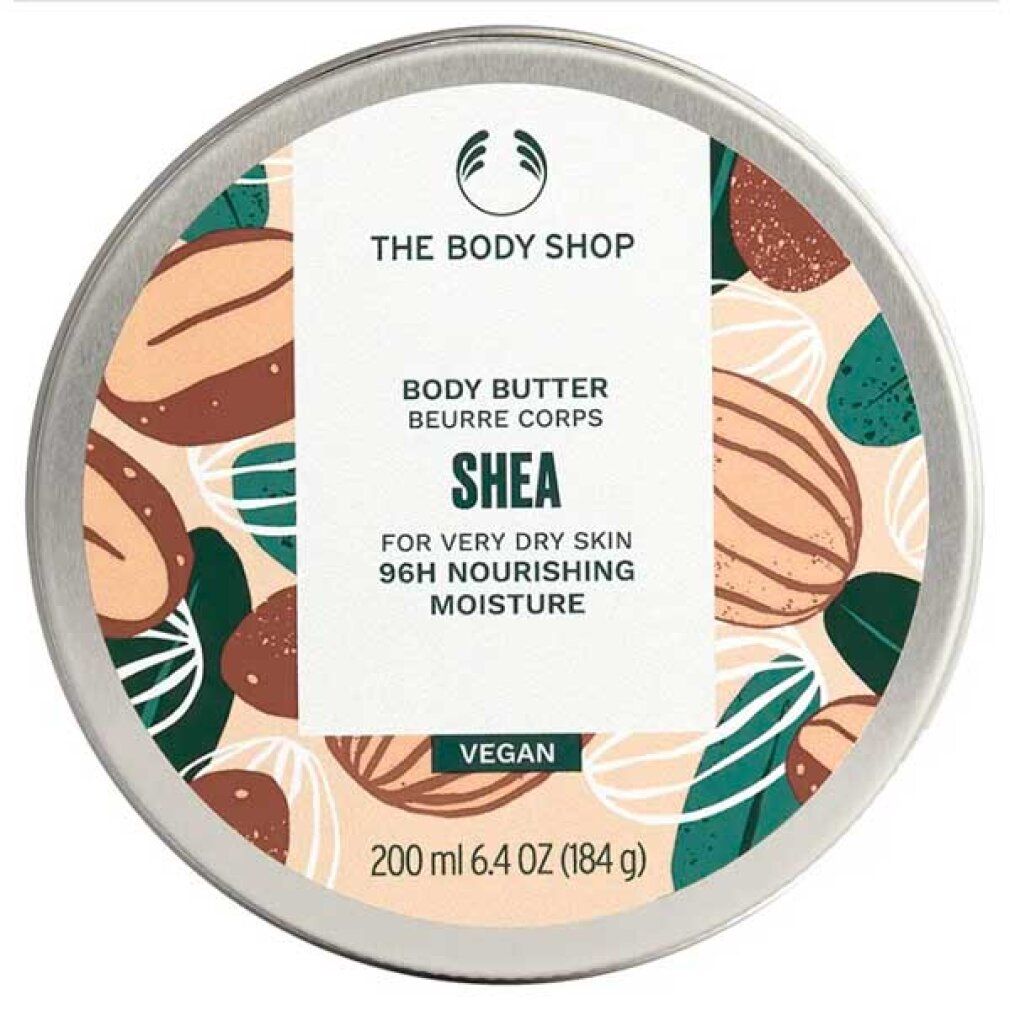 Runde Dose mit Deckel. Aufschrift: The Body Shop, Body Butter Shea, für sehr trockene Haut. Vegan. 200 ml.