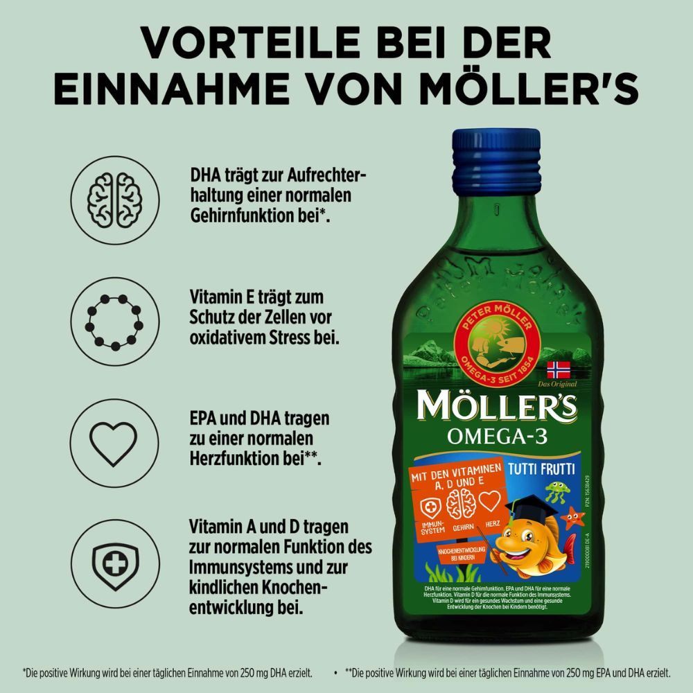 Flasche mit Auszeichnung. Text über Vorteile und Inhaltsstoffe. Öltropfen.