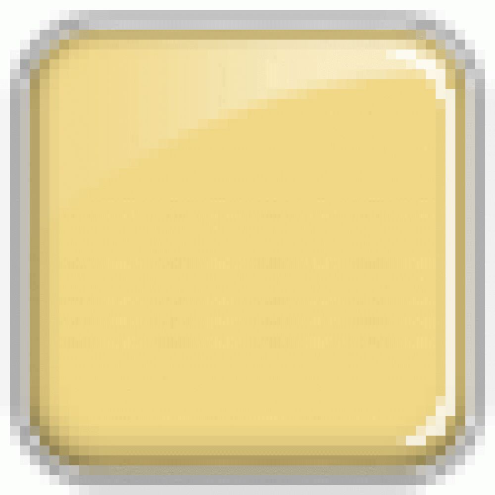 Quadratische, gelbe Kosmetik-Produkt-Probe mit abgerundeten Ecken und silbernem Rahmen.