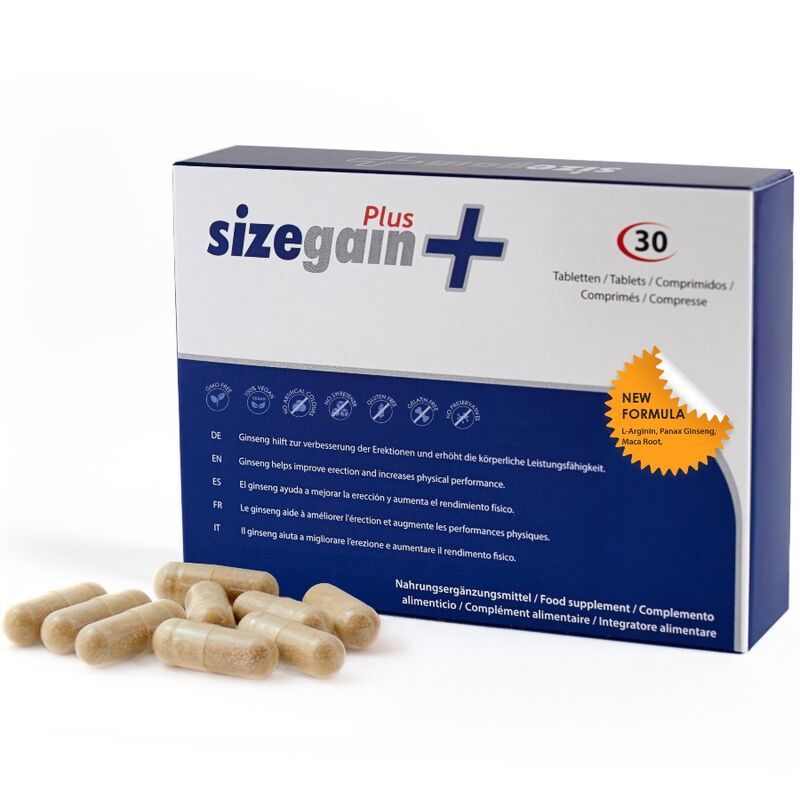 Packung mit "SizeGain Plus" und "30 Tabletten". Kapseln liegen daneben. Aufkleber: "NEW FORMULA".